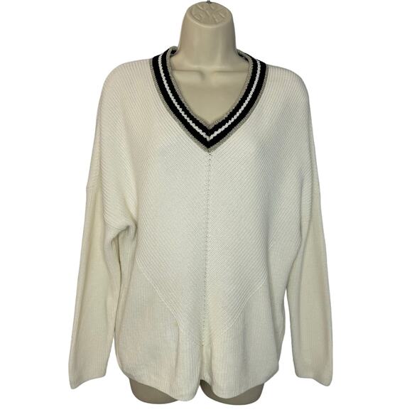 Maje Meteo Ribbed V Neck Sweater Tennis Preppy Cotton Off White Sz 3 Large - Picture 2 of 13